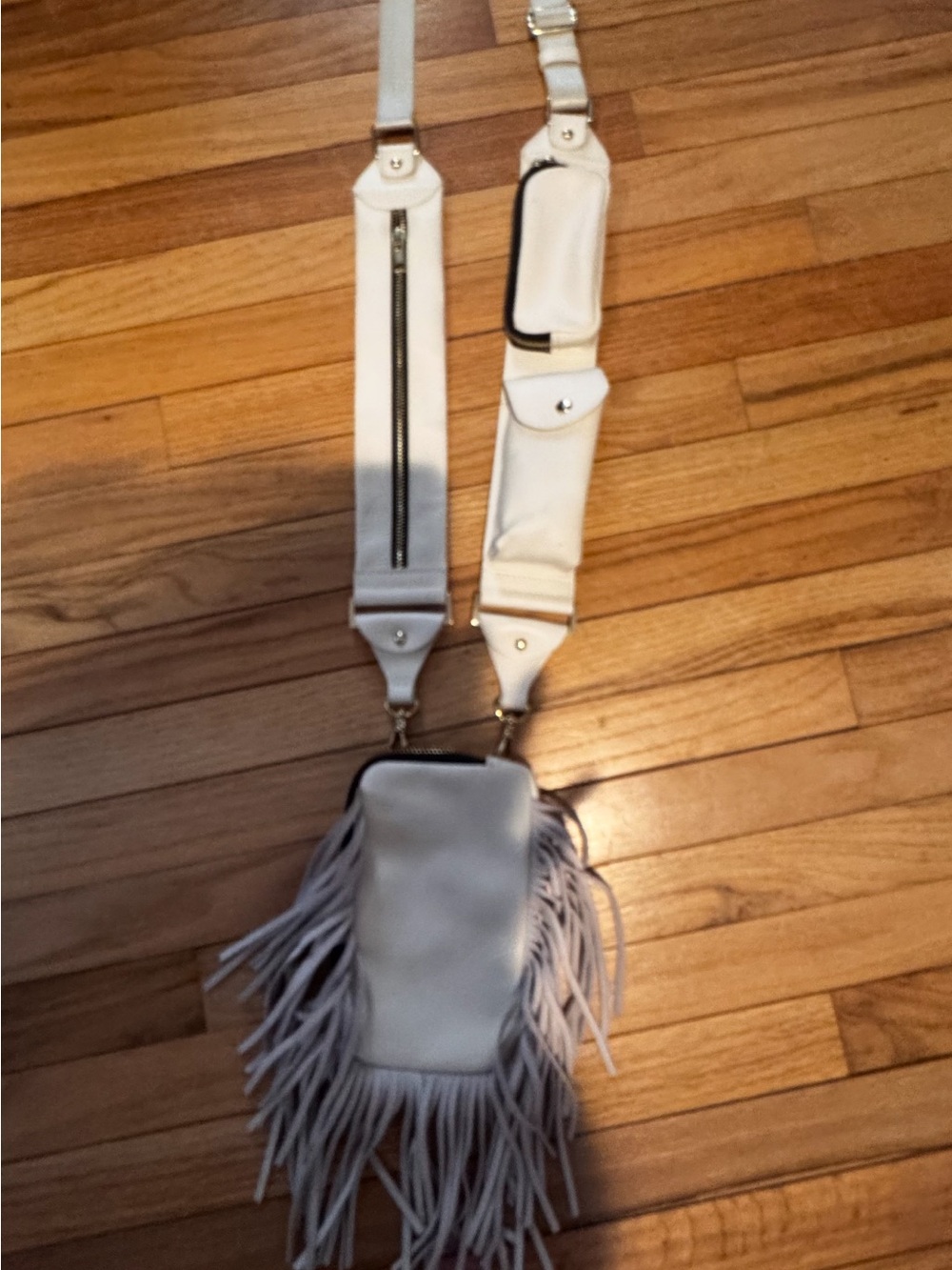 Bandolier Ivory pebble leather fringe expanded pouch w/Billie utility Strap .